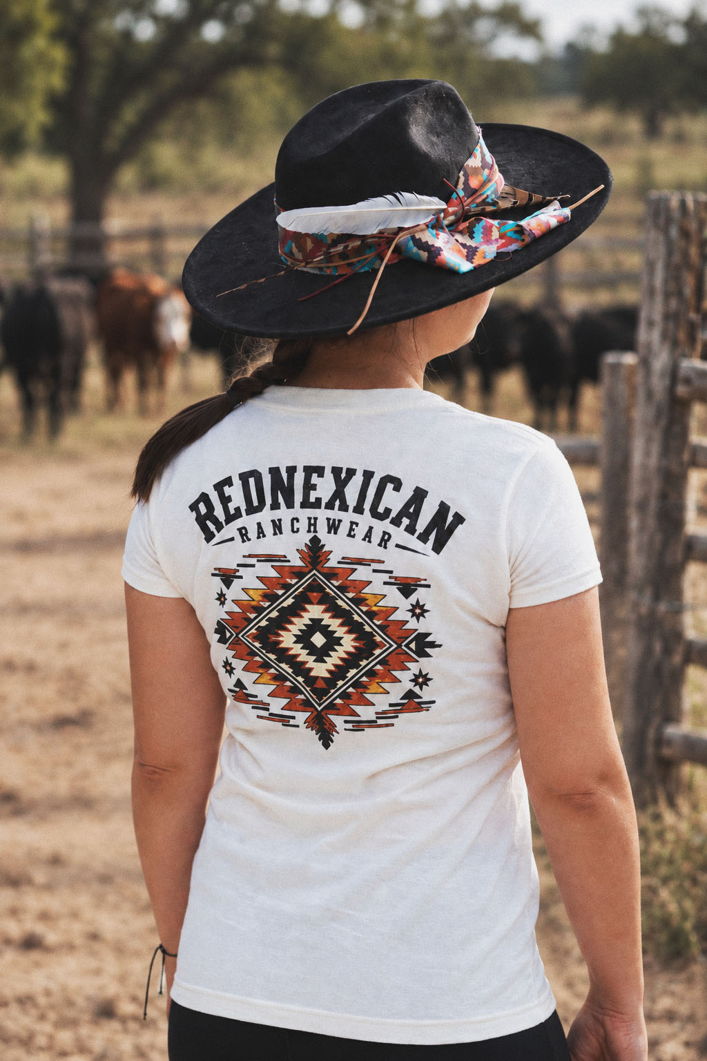 Rednexican Ranchwear pearl snap and trucker hat, on model
